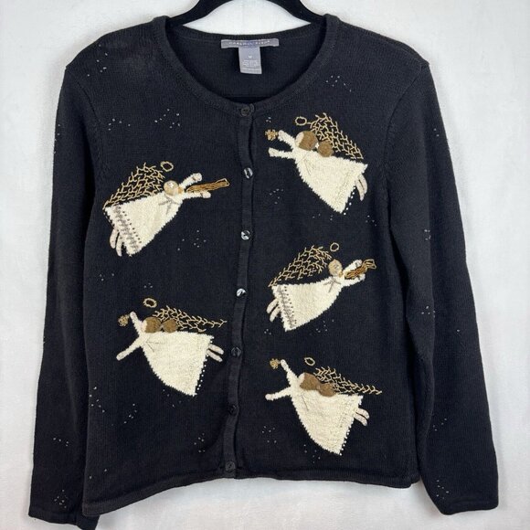 Carroll Reed Black Embroidered Angel Cardigan Beaded Size Medium Holiday Winter‎ - Picture 1 of 13